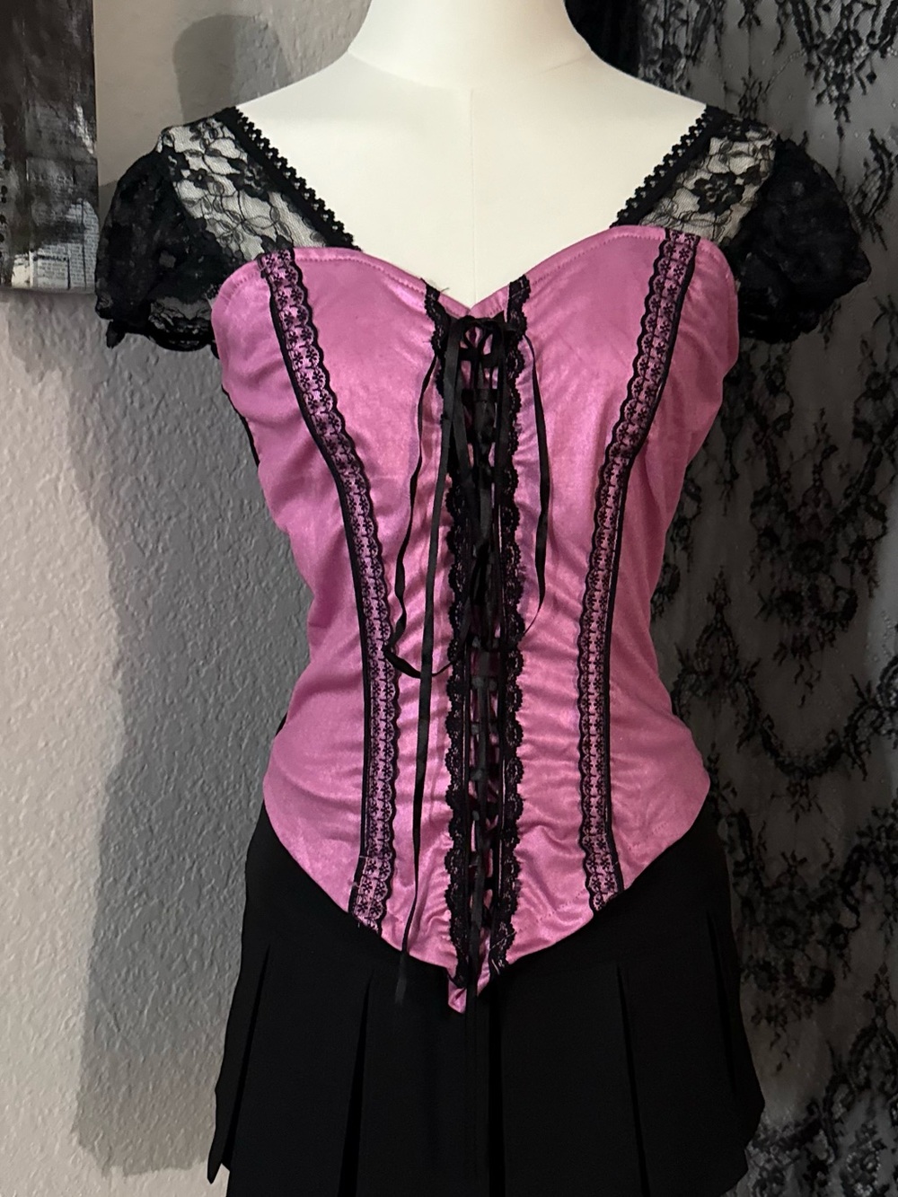 Women's Pink Lace-Up Corset Top with Black Lace Trim